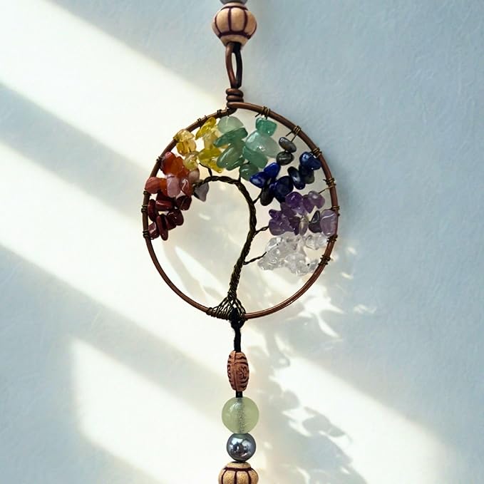 Dream Catchers for Adults with Luminous Beads Dream Catcher with 7 Chakra Handmade Wall Decor with Native Feather Hanging Ornament for Bedroom Brown