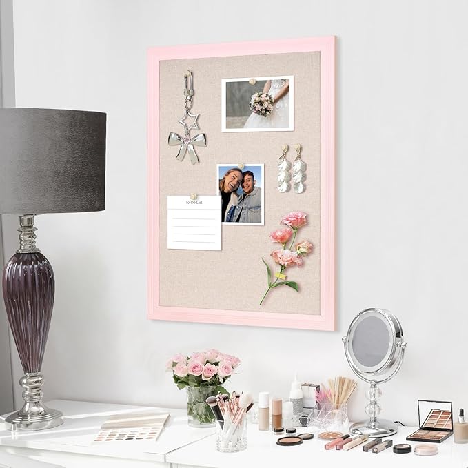 DOLLAR BOSS Bulletin Board with Linen 24'' x 18'' Pink Framed Cork Boards for Walls, Photo Display Pin Board, Decorative Corkboard for Office Home School Girls Dorm Decor with 10 Pushpins, White
