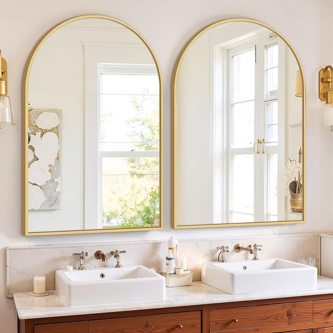 Bathroom Mirror for Wall, 38x26 Inch Arched Mirror, Matte Gold Metal Framed Bathroom Vanity Mirror for Restroom Farmhouse, Anti-Rust, Tempered Glass, Hanging or Leaning