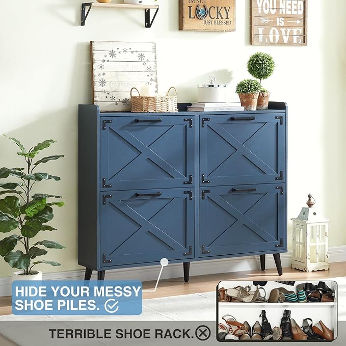 Shoe Storage Cabinet,Farmhouse Shoe Organizer with 4 Flip Drawers & Barn Door Design,Freestanding Hidden Slim Narrow Shoe Rack Cabinet for Entryway,Foyer,Hallway,Navy Blue