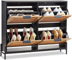 VEVOR Rattan Shoe Cabinet, Narrow Shoe Storage Organizer with 4 Flip Drawers, Slim Shoe Entryway Storage Cabinet with Metal Legs, Ideal for Entryway, Closet, Hallway, Light Wood Color