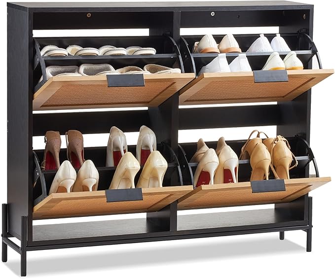 VEVOR Rattan Shoe Cabinet, Narrow Shoe Storage Organizer with 4 Flip Drawers, Slim Shoe Entryway Storage Cabinet with Metal Legs, Ideal for Entryway, Closet, Hallway, Light Wood Color