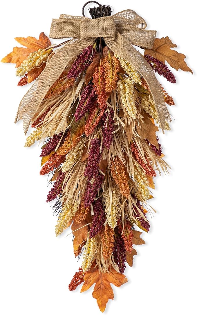 Glitzhome 28'' Artificial Fall Teardrop Swag, Autumn Harvest Multi-Colored Sorghum Door Swag, Hanging Flower Wreath for Thanksgiving Fall Front Door Window Wall Decor