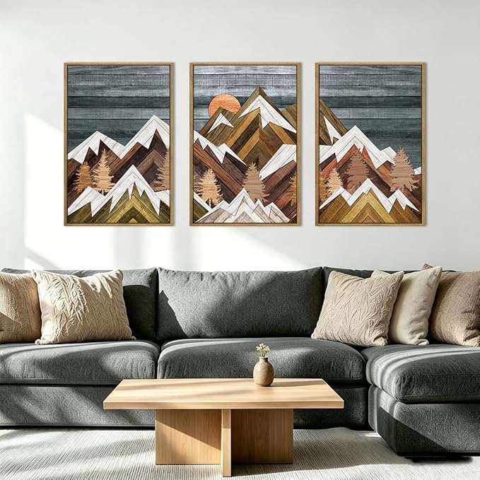 BINCUE Extra Large Mountain Wall Art Farmhouse Mountain Wall Decor Large Landscape Artwork 24x36 Inches Set of 3 Framed Rustic Painting Boho Mountains Artwork for Living Room Bedroom Office Farmhouse