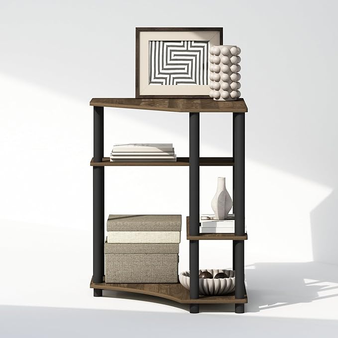 Furinno Turn-N-Tube Storage Shelves, 4-Tier Corner Shelf, Toolless Assembly Display Rack, Corner Bookshelf for Small Space, for Organization and Storage, Living Room, Home Office, Columbia Walnut