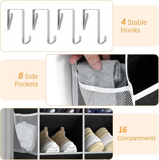 Yecaye 8 Tier Over the Door Shoe Organizer of Deep 16 Compartments, 50lbs Load Shoe Rack for Door in Oxford Holds 16-24 Pairs, Stain-Resistant Hanging Shoe Organizer for Closet, Black