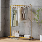 Gold pipe clothing rack with Bottom Shelf,rolling clothes rack heavy duty,garment racks for hanging clothes,Hanging Rack Closet Organizer for Bedroom,Retail (gold)