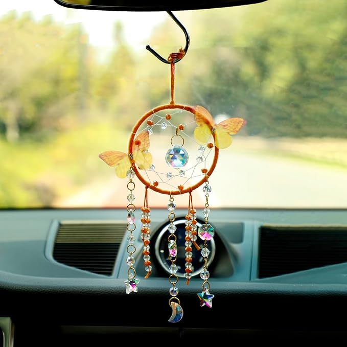 Artilady Dream Catcher for Girls - Butterfly Small Yellow Dream Catchers with Crystals Cute Room Decor for Teen Girls Boys Boho Bedroom Wall Home Decorations Birthday Christmas Women Gifts