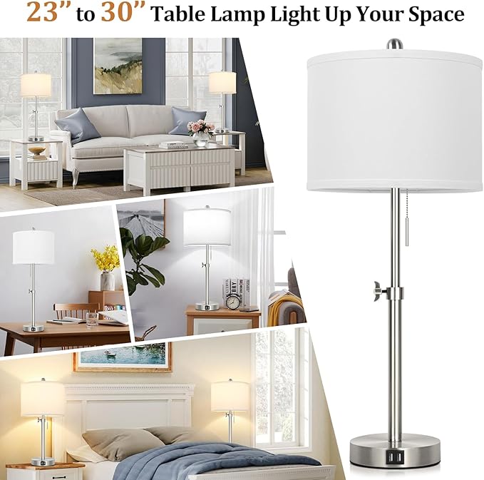 Kondras Table Lamp Set of 2 for Bedroom, Bedside Lamp with 2 USB Ports, 23" to 30" Height Adjustable Tall Table Lamp for Living Room End Tables, Modern Silver Nightstand Lamp with Pull Chain