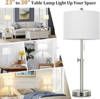 Kondras Table Lamp Set of 2 for Bedroom, Bedside Lamp with 2 USB Ports, 23" to 30" Height Adjustable Tall Table Lamp for Living Room End Tables, Modern Silver Nightstand Lamp with Pull Chain