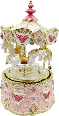 Carousel Music Box Figurine Pink Enamel, Rose Accents, Golden Details, Ideal Home Decor & Gift Giving