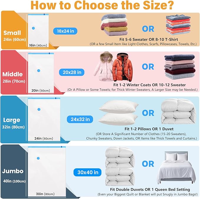 6Pack Thickened Space Saver Vacuum Storage Bags for Clothes with Hand Pump, (2 Jumbo+2 Large+2 Medium) Vacuum Sealed Bags for Clothing, Comforters and Blankets