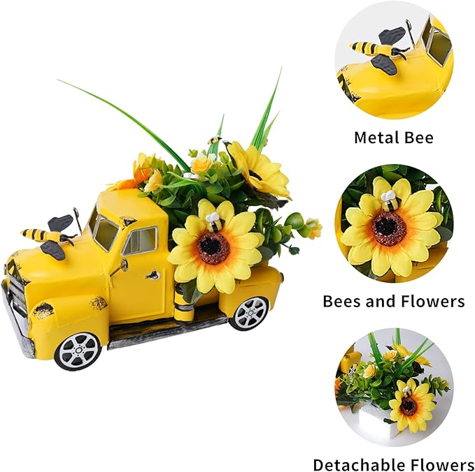 Metal Truck Decor with Sunflowers, Honey Bee, Fall Table Decor for Home, Farmhouse, Vintage Pickup for Living Room, Kitchen Table Centerpiece, Yellow