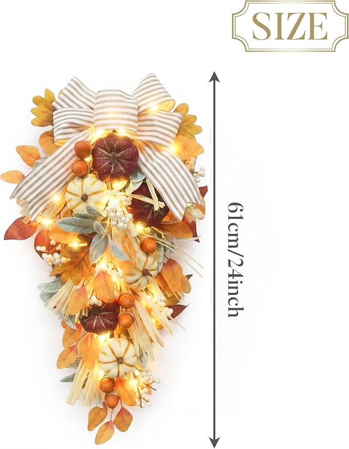 Valery Madelyn 24 inch Fall Pumpkin Teardrop Swag Autumn Harvest Door Hanger with Striped Bow, Mini Pumpkins, Eucalyptus, Raffia & Berry Sprays for Front Door, Mantel Thanksgiving Table Centerpiece