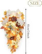 Valery Madelyn 24 inch Fall Pumpkin Teardrop Swag Autumn Harvest Door Hanger with Striped Bow, Mini Pumpkins, Eucalyptus, Raffia & Berry Sprays for Front Door, Mantel Thanksgiving Table Centerpiece