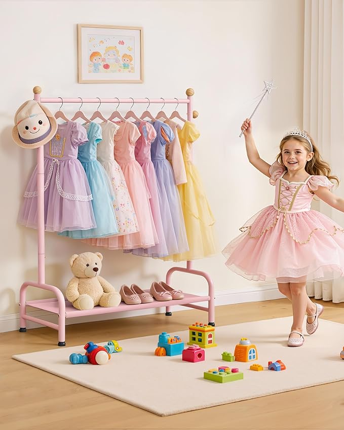 Clothes Rack - Sturdy Metal Kids Clothing Rack with Bottom Storage Shelf & Adjustable Feet, Dress Up Storage for Toddler's Bedrooms, Nurseries, Playrooms, 31" x 12.5" x 47.8", Pink