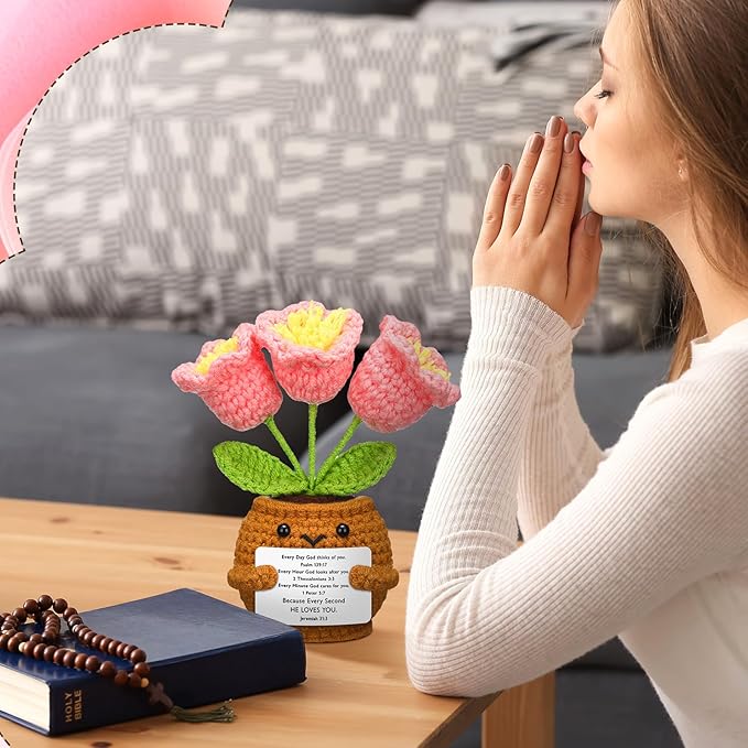 Wavwavw Christian Gift for Women Positive Handmade Crochet Doll with Bible Verse Prayer Card Inspirational Scripture Religious Crochet for Christmas Sunday Group Church(Pink Lily Valley)