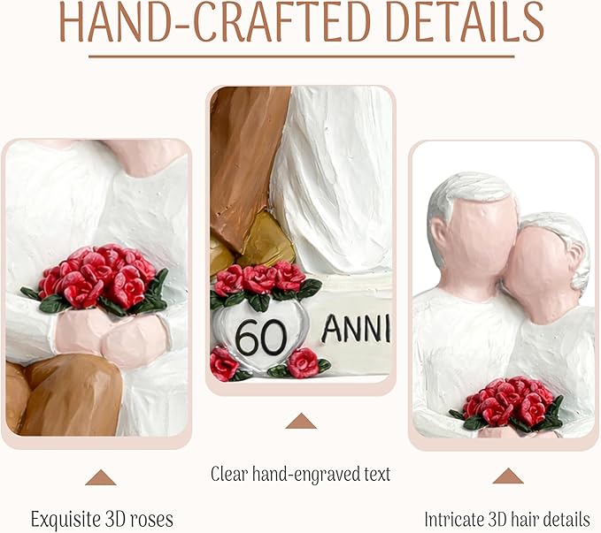 60th Wedding Anniversary Couple Figurine Gift for Parents, Happy 60th Anniversary Decoration, Diamond Wedding Keepsake Statue for Husband Wife, 60 Years Marriage Gift for Couple