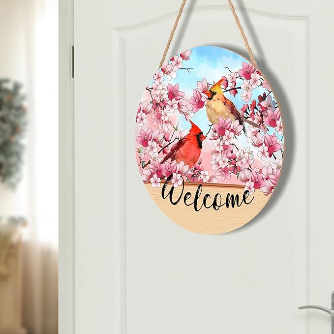 Welcome Spring Summer Cardinal Birds Front Door Sign 12"x12" Pink Blossoming Flower Floral Wood Door Hanger for Outdoor Outside Porch Decor Farmhouse Seasonal Wreaths for Front Door Wall Hanging Sign