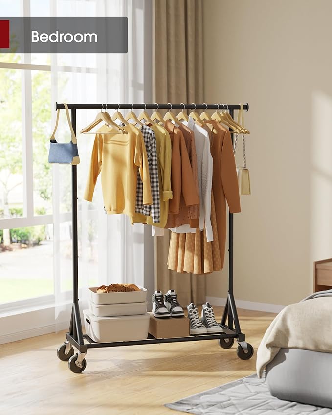 Heavy Duty Stainless Steel Rolling Clothes Rack with Mesh Shelf, Lockable Wheels & Anti-Slip Stoppers, Large Capacity Clothing Organizer for Bedroom, Laundry Room, 42.5" x 16.5" x 65.9", Black