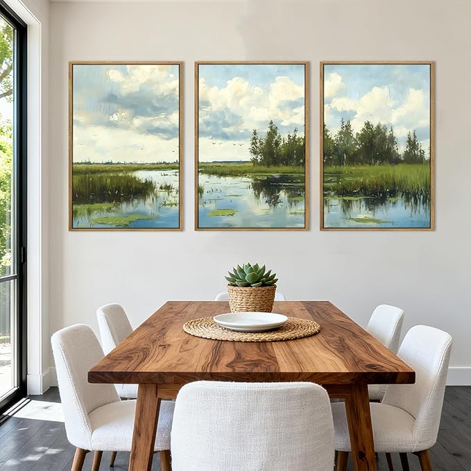 BINCUE Framed Green Nature Wall Art Lake Scenery Wall Decor Landscape Art Print Green Nature Landscape Artwork Green Plants Wall Pictures for Living Room Bedroom Office Farmhouse 16 x24 Inches Set of 3 Gift