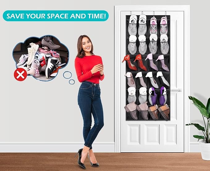 MISSLO Over The Door Shoe Organizer 24 Large Mesh Pockets, Black