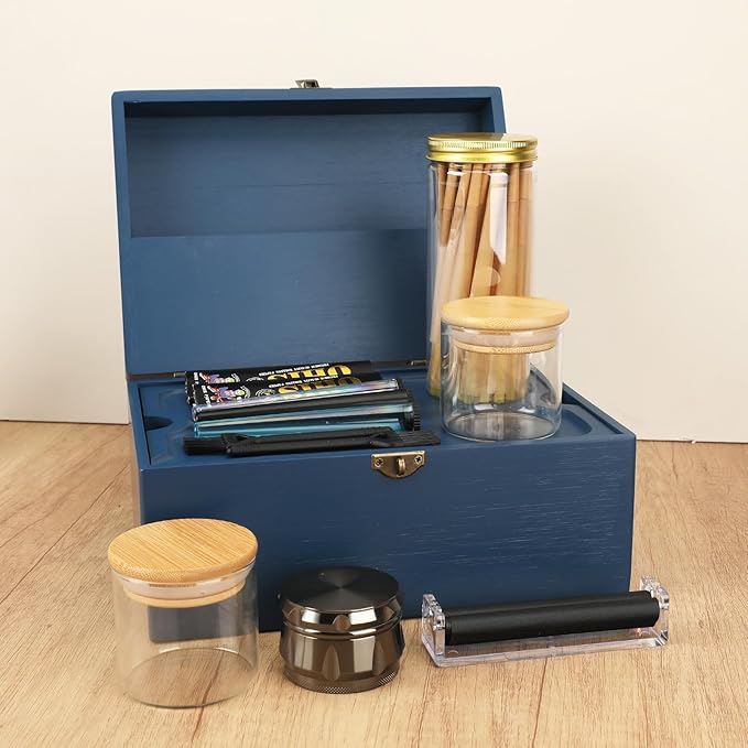 Large Bamboo Storage Box with Removable Tray Kit - Decorative Box Set, Glass Jars, and Accessories Wooden Storage Kit and Accessories Tool.Birthday Gifts