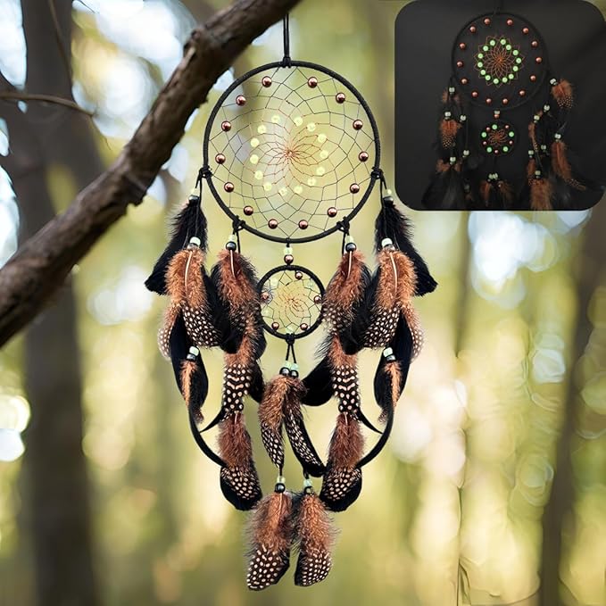 Dream Catchers with Luminous Beads Dream Catchers for Adults Handmade Native American Hanging Wall Decor Ornament for Bedroom Brown