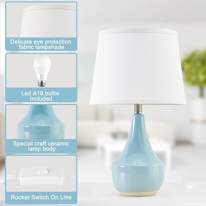 GyroVu 18" Table Lamp Set of 2, Ceramic Lamp Classic Beside Lamps Nightstand Lamp Modern Cute Lamp for Living Room, Bedroom & Office Rocker Switch Sky Blue-LED Bulbs Included
