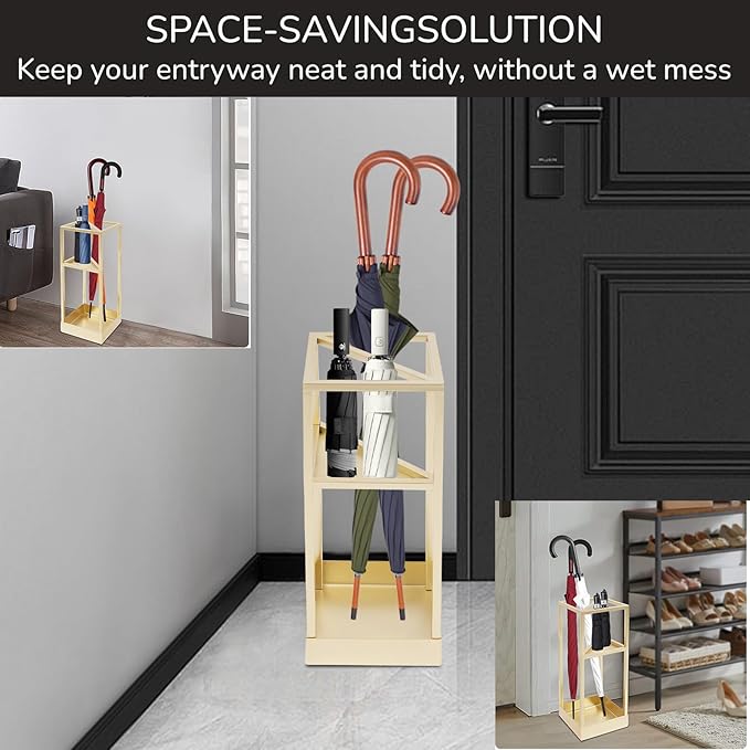 DouSeiAi 20 Inch Geometric Umbrella Stand, Metal Freestanding Umbrella Rack with Shelf, Entryway Organizer with Bottom Drip Tray for Drip Dry, Holds Umbrellas, Canes, Walking Sticks (Gold)