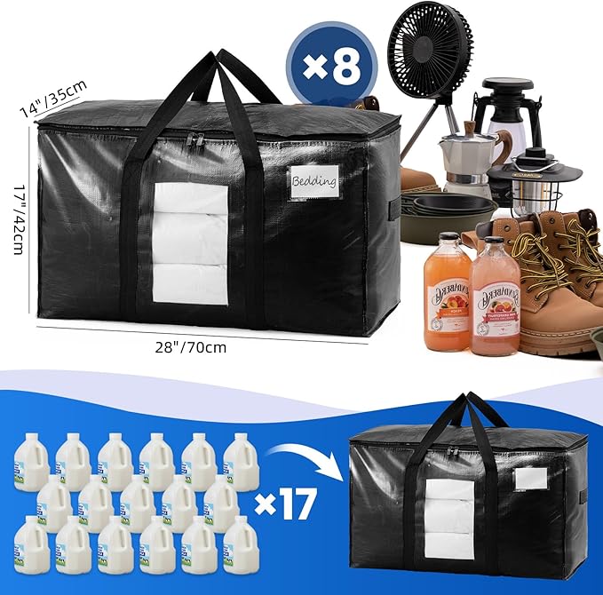 TAILI Extra Large Moving Bags, 8 Pack Black Heavy Duty Totes For Storage with Visible Window, Wrap Around Handles, Storage Bags for Space Saving, Alternative to Moving Boxes