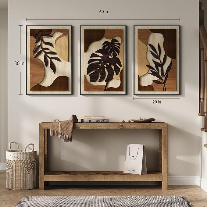Framed Wood 3D Boho Textured Wall Art for Living Room, Large 3 Piece Carved Wooden Tropical Botanical Artwork for Walls, Brown Monstera Leaf Wood Bedroom Dining Room Home Office Wall Decor, 20x30 Inch