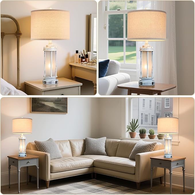 AIEAMPDO 25" Rustic Table Lamps Set of 2, Vintage Nightstand Lamps with 2 USB Ports, Farmhouse Antique White Desk Lamp with Glass Night Light for Living Room Bedroom Dorms, 4 Bulbs Included