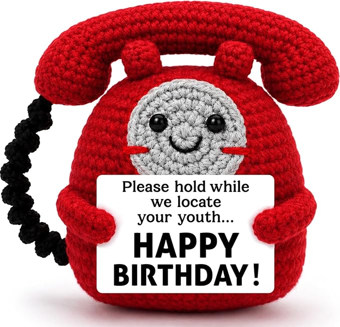 Belatelove Birthday Gifts for Men Women, Handmade Crochet Telephone Doll with Happy Birthday Crad, Funny Gift for Dad, Mom, Best Friend, Coworkers Party & Desk Decor