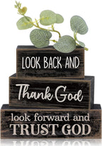 Lineshading 4 Pcs Christian Table Decor Inspirational Gifts for Women Look Back and Thank God Look Forward and Trust God Wooden Block Signs Farmhouse Christian Centerpiece for Mother's Day Home Office