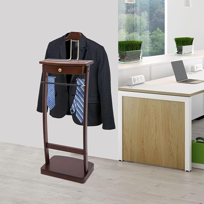 Wooden Freestanding Clothes Stand with Sturdy Base, Multi-functional Suit Valet Stand, Coat Rack with Top Drawer, Tie Hangers, and Storage Compartments for Office, Bedroom, Living Room (Walnut Color)