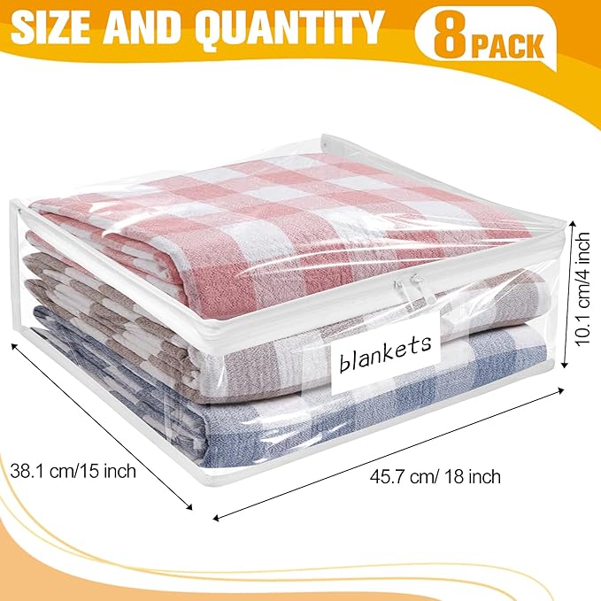Kikerike Plastic Storage Bags with Easy-Glide Zipper, Pack of 8, Durable Clear Vinyl Zippered Storage Bags for Clothes Sweaters Comforters Blankets Sheets Bedding (18 x 15 x 4 Inch)
