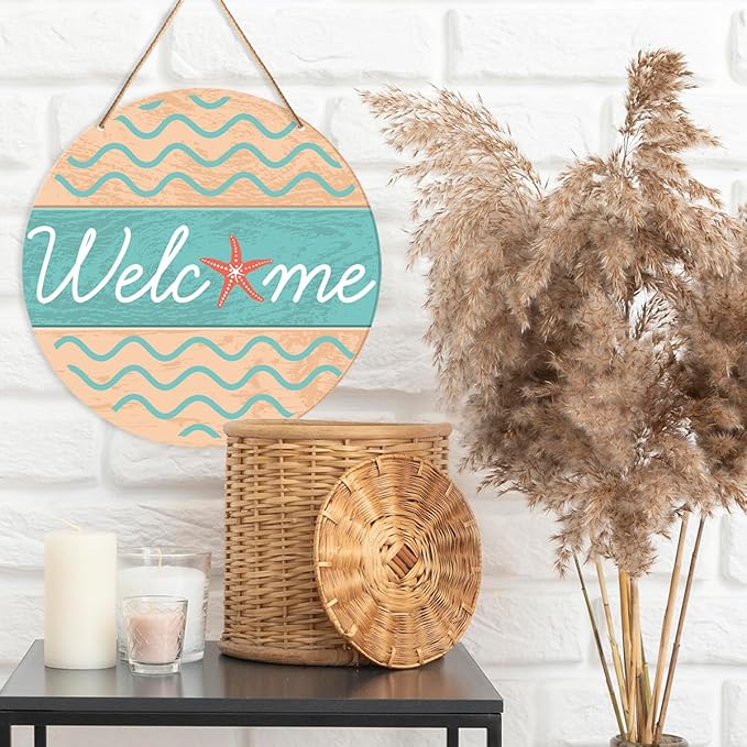 Muktoujaumai Beach House Welcome Sign Decor, 10.2" Round Wooden Sign, Rustic Ocean Theme, Perfect for Home, Office, Bathroom, Indoor/Outdoor Use