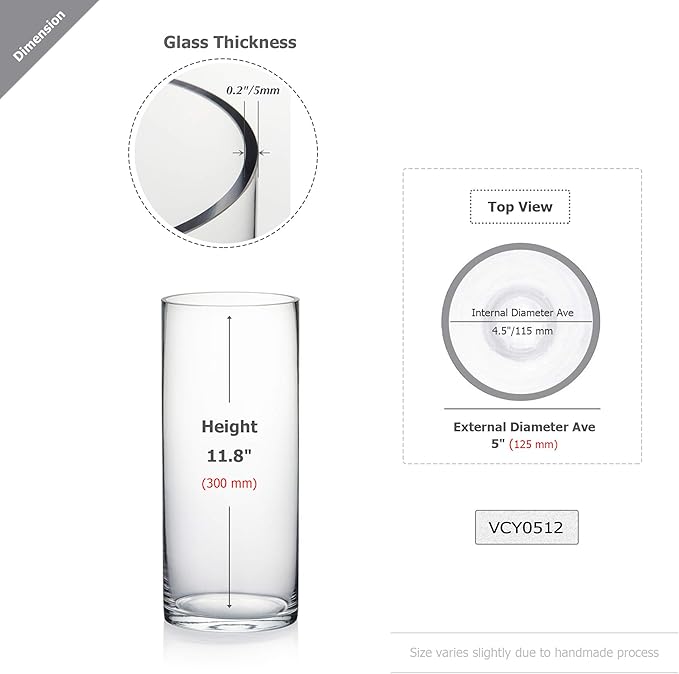 WGV Quality Thick Cylinder Vase, Diameter 5", Height 12", Clear Glass Floral Planter Container, Tall Centerpiece Arrangement for Wedding Home Decor, 1 Piece