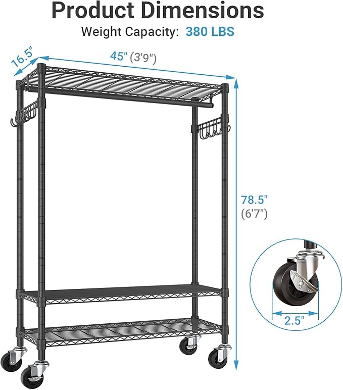 VIPEK R3 Plus Rolling Clothes Rack with Locking Wheels, Portable Closet for Hanging Clothes Heavy Duty Garment Rack with Adjustable Shelves and Side Hooks, Metal Wardrobe for Home Storage, Black