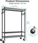 VIPEK R3 Plus Rolling Clothes Rack with Locking Wheels, Portable Closet for Hanging Clothes Heavy Duty Garment Rack with Adjustable Shelves and Side Hooks, Metal Wardrobe for Home Storage, Black
