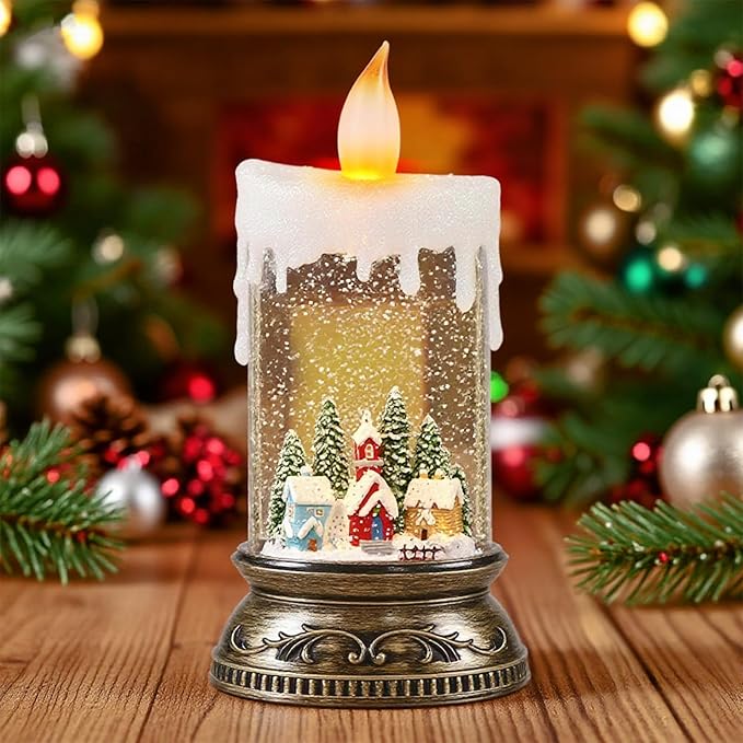 Christmas Snow Globe Candle with Timer & Music, Snowy Cabin Scene, Swirling Glittering Candle Shaped Snow Lantern, USB/Battery Operated Lighted Lantern for Christmas Decoration