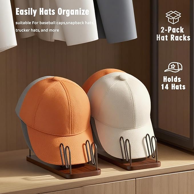Hat Organizer -2 PacK | Wood & Metal Hat Rack Holds 14 Caps | Space-Saving Closet Shelf Organizer for Bedroom, Dresser, Entryway