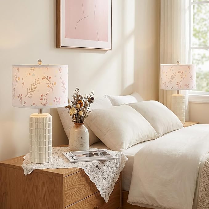 PoKat 23'' Table Lamp with Flower Lampshade for Night Stands, Birthday Gifts for Women Mom, House Warming Gifts New Home Decor, Ceramic Lamp for Living Room, Modern Bedroom Lamp for Nursery