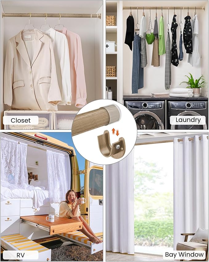 Closet Rods for Hanging Clothes, 17 to 39 Inches Stepless Adjustable Metal Closet Rod, 1.3 Inches Heavy Duty Clothes Hanging Rod for Closet Wardrobes Laundry RV(Wood Grain)