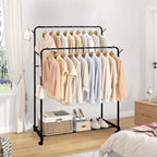 AT-VALY Double Rod Clothing Rack with wheels,Garment Rack for Hanging Clothes,Multi-functional Bedroom Clothes Rack (Black)