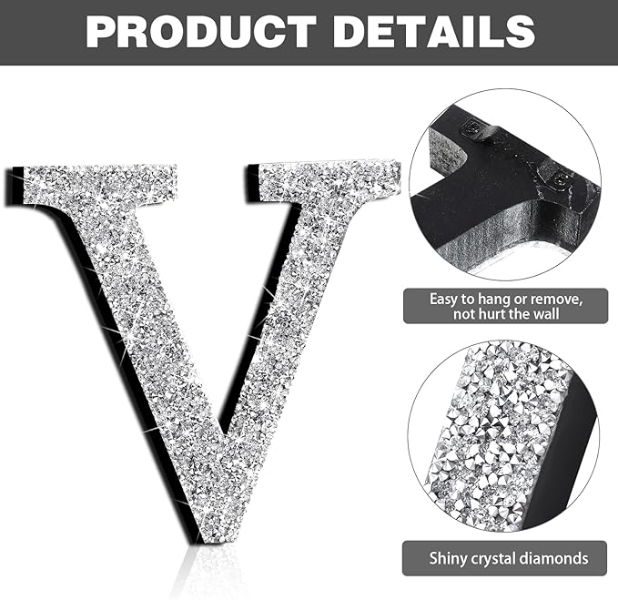 Qunclay 5.7" Silver Crystal Diamond Bling Letters Crushed Diamond Decoration Wooden Glitter Letter with Screw and Hooks Rhinestone Gift for Wedding Y2k Mcbling Bedroom Wall Decor (Letter V)