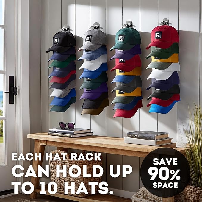 Hat Hook for Wall, 2 Pack Hat Organizer Hold up to 20 Hats,Hat Holder with Strong Adhesive and 8 Pack Screws, Cap Holder Hat Hangers for Wall Closet Door and Bedroom(B-Black)