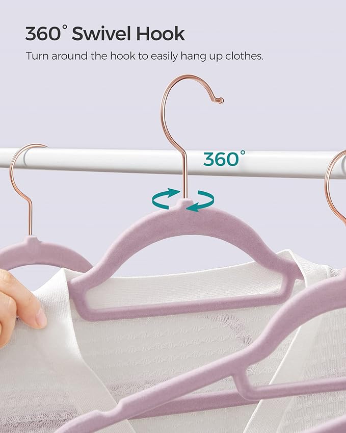 SONGMICS Velvet Hangers, Set of 50 Clothes Hanger with Rose Gold Swivel Hook, Non-Slip, and Space-Saving, 0.2-Inch Thick, 17.1-Inch Long for Coat, Shirt, Dress, Pants, Tie, Lavender Purple UCRF021GP50