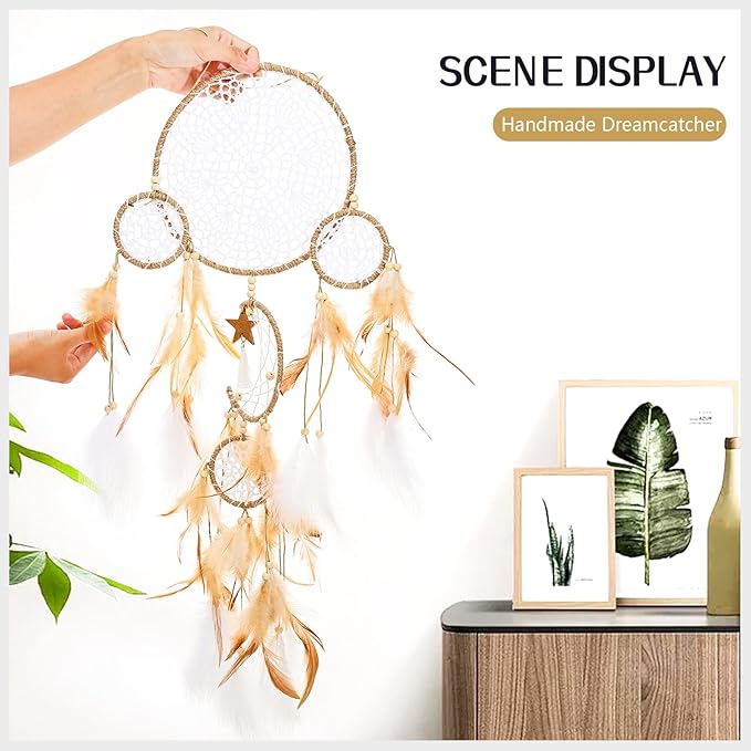 5 Pack Dream Catchers Sun Moon Design Large Handmade Boho Wall Hanging Ornament with Decorative Feathers for Boys Girls Bedroom Living Home Decoration (Brown)